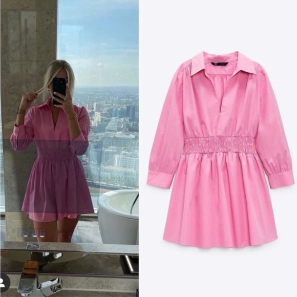 Zara collard v neck pink mini dress — smocked waist long sleeves skater dress - Picture 13 of 15